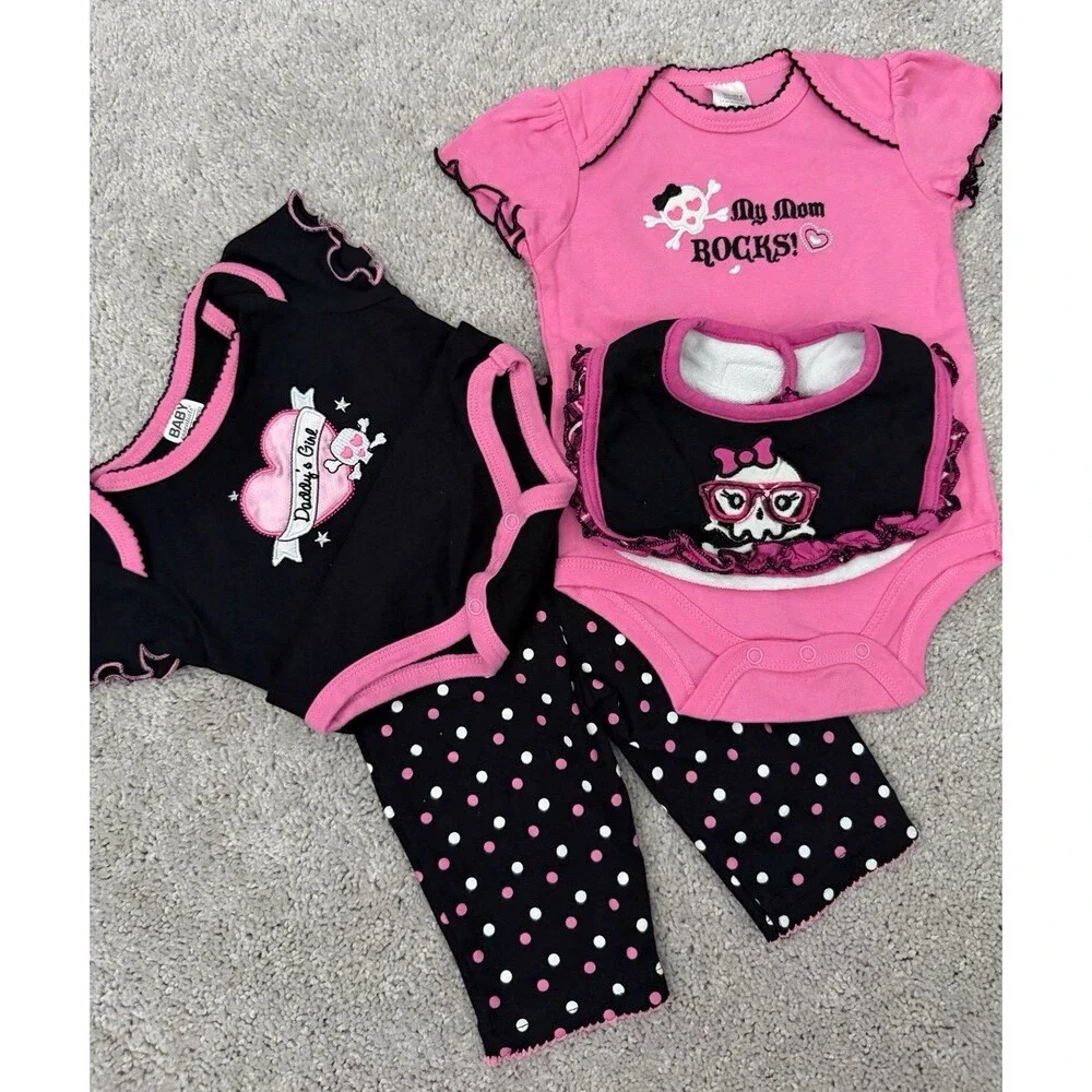 4 Piece Bundle Rocker Baby Girl Size 3-6 Months Skull & Cross Bones Goth Punk